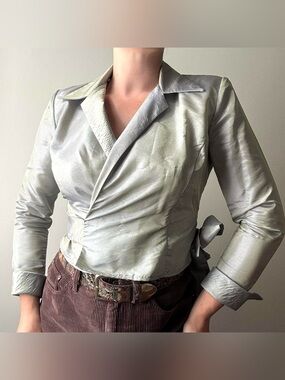 Patra vintage silver seafoam green iridescent wrap top